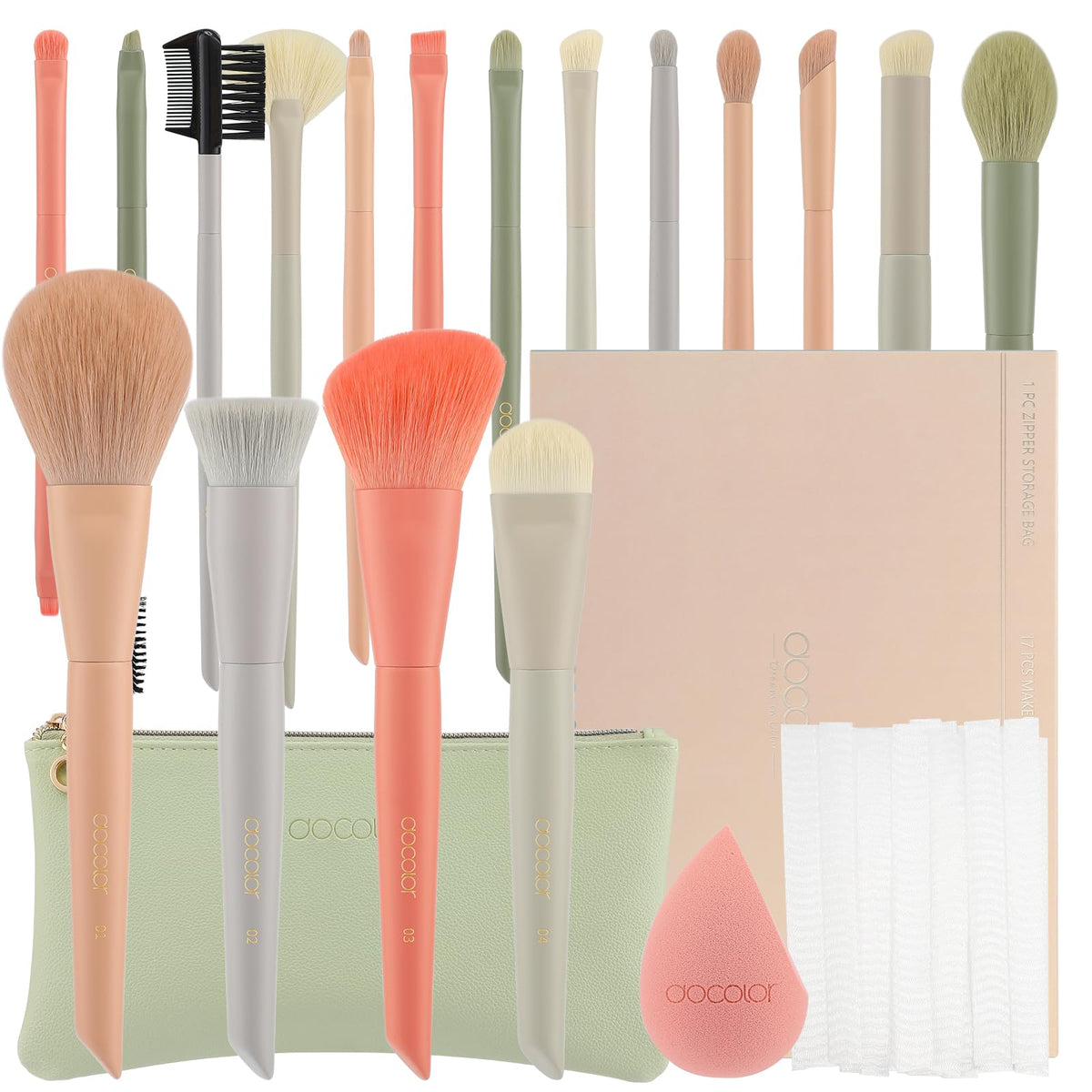 Docolor 17PCS Makeup Brushes Set with Bag, Sponge & Protector - Professional Face & Eye Kit