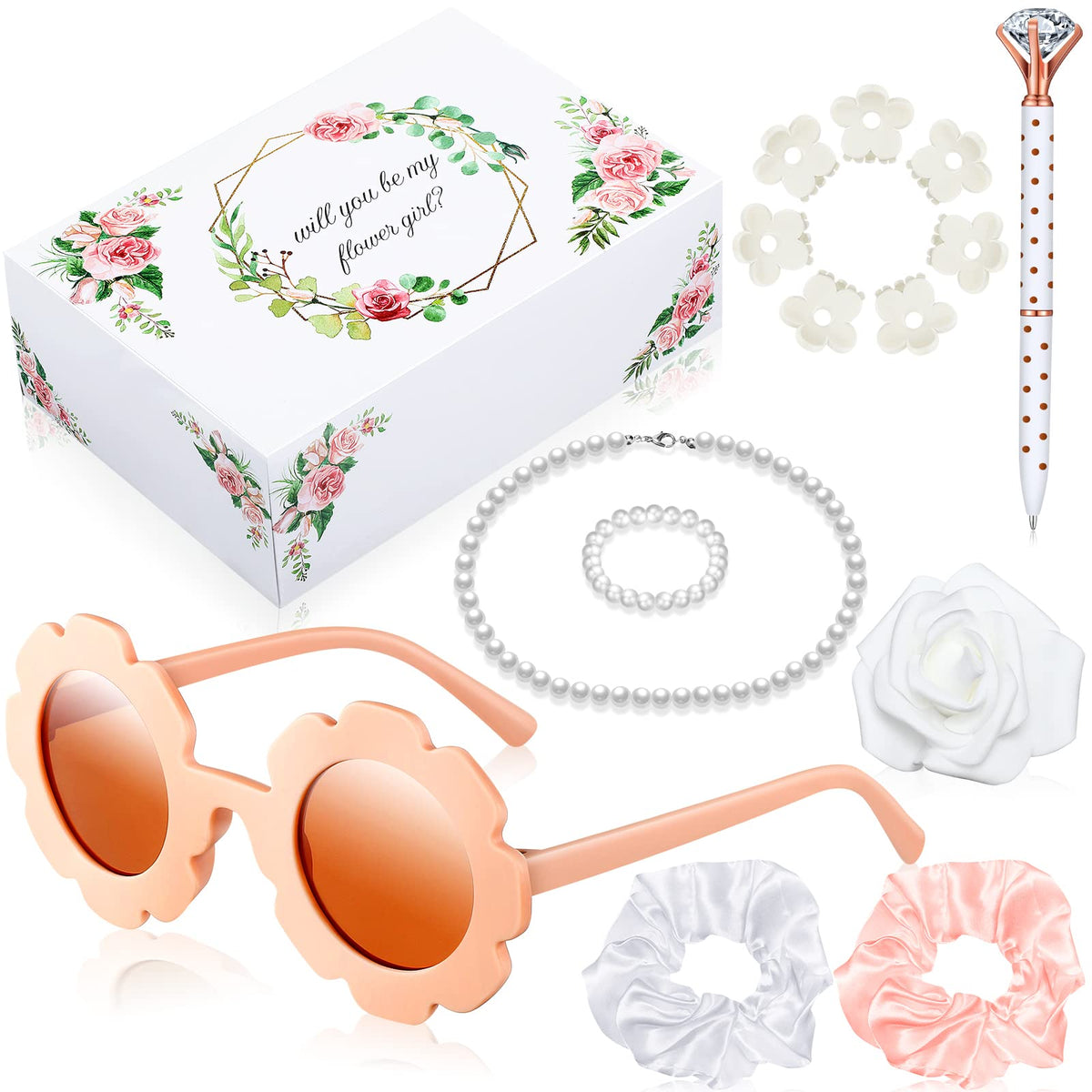 Yilloog 16 Pcs Flower Girl Proposal Box Kit - Pink Gifts With Glasses, Jewelry & Accessories