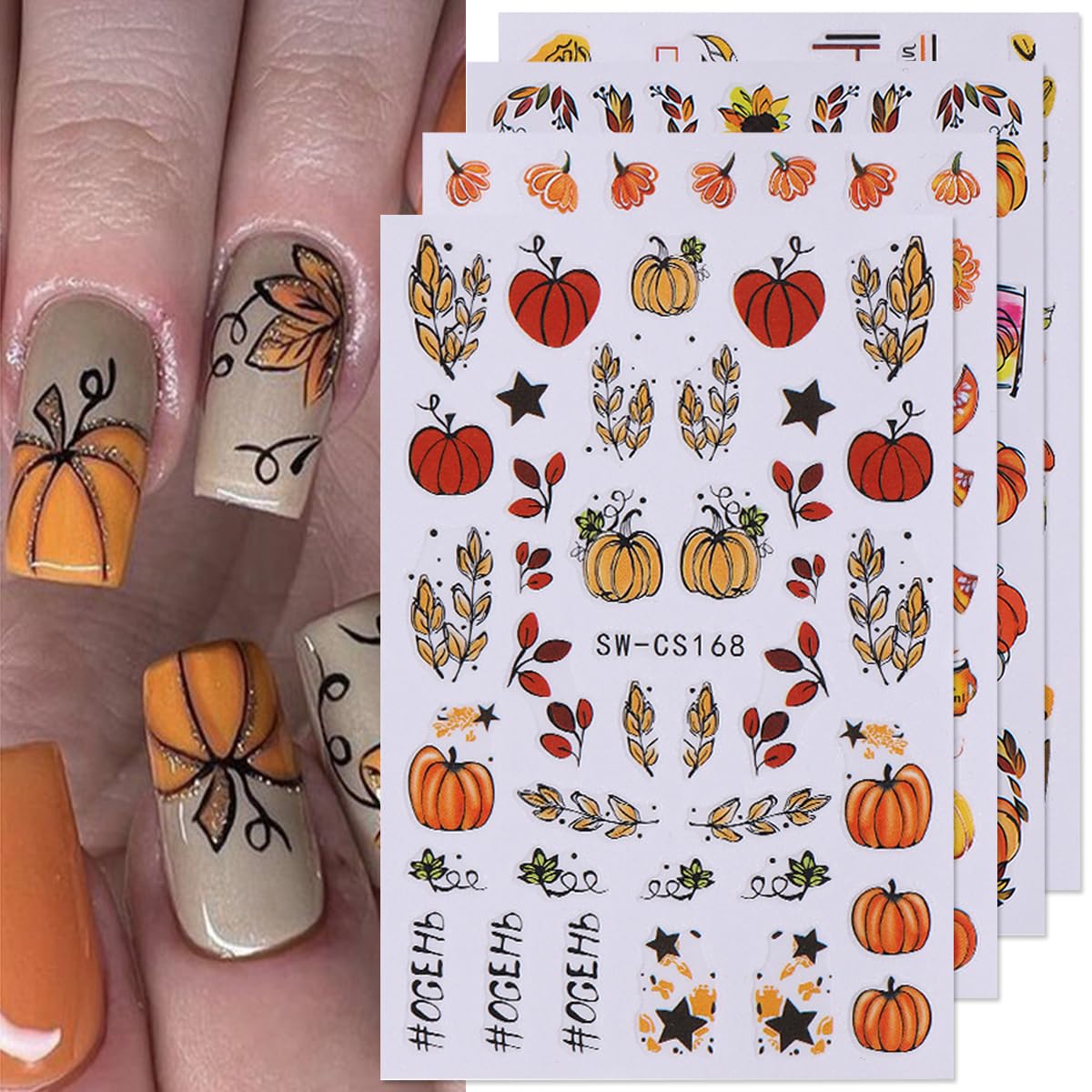 Fbabfbuo Fall Nail Art Stickers - 8Pcs 3D Pumpkin & Leaf Decals For Diy Nail Decorations