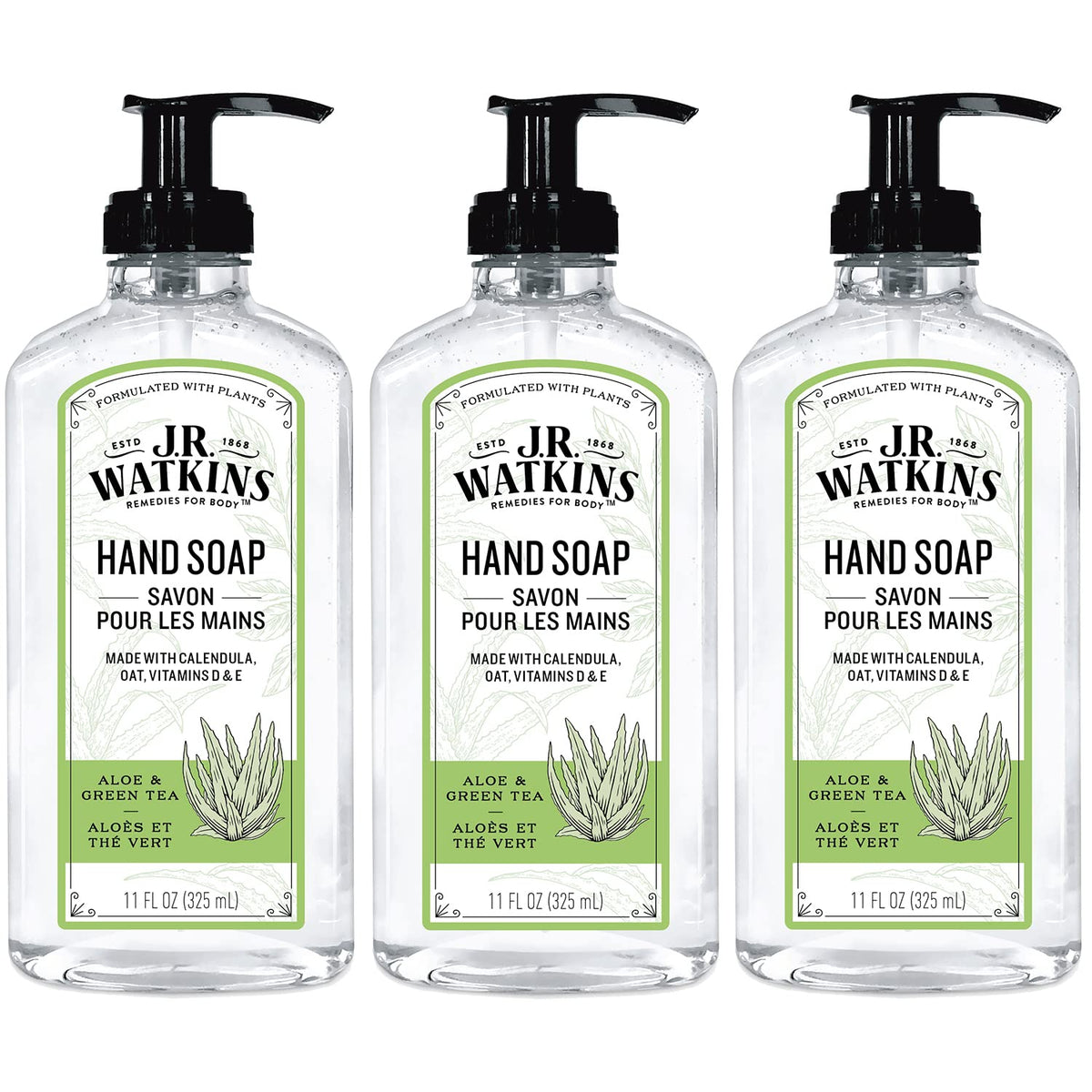 J.R. Watkins Aloe & Green Tea Liquid Hand Soap, Alcohol-Free, Moisturizing, 11 Fl Oz, 3 Pack