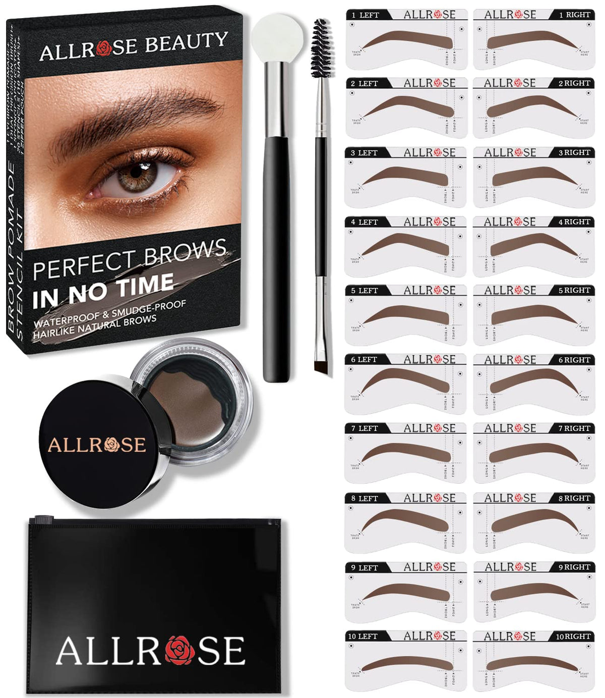 Allrose Eyebrow Stamp Kit - Waterproof Stencil & Trio Set For Perfect Bushy Eyebrows, Taupe