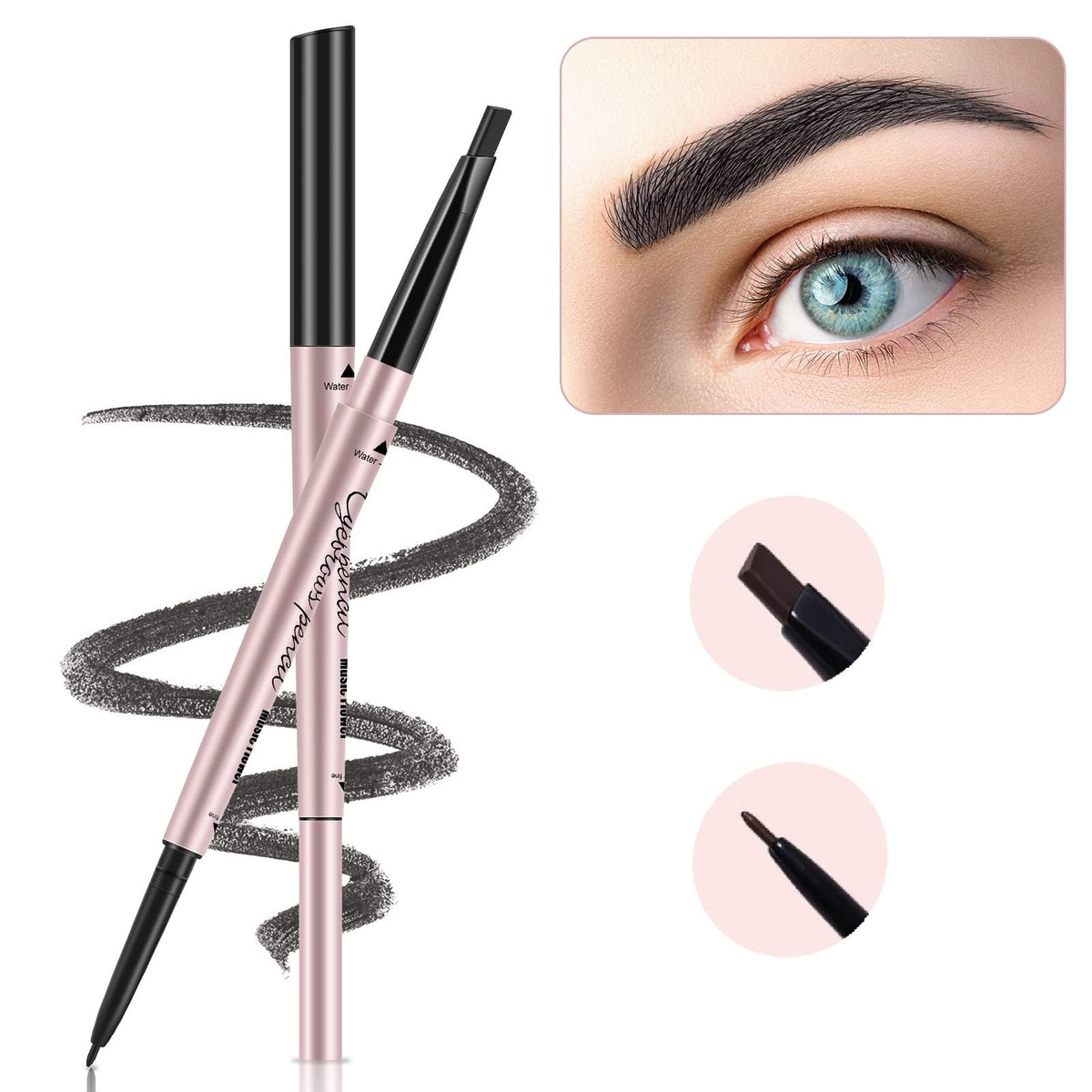 Turritopsisd Eyebrow Pencils 2-Pack, Dual Tips Waterproof Makeup, Black