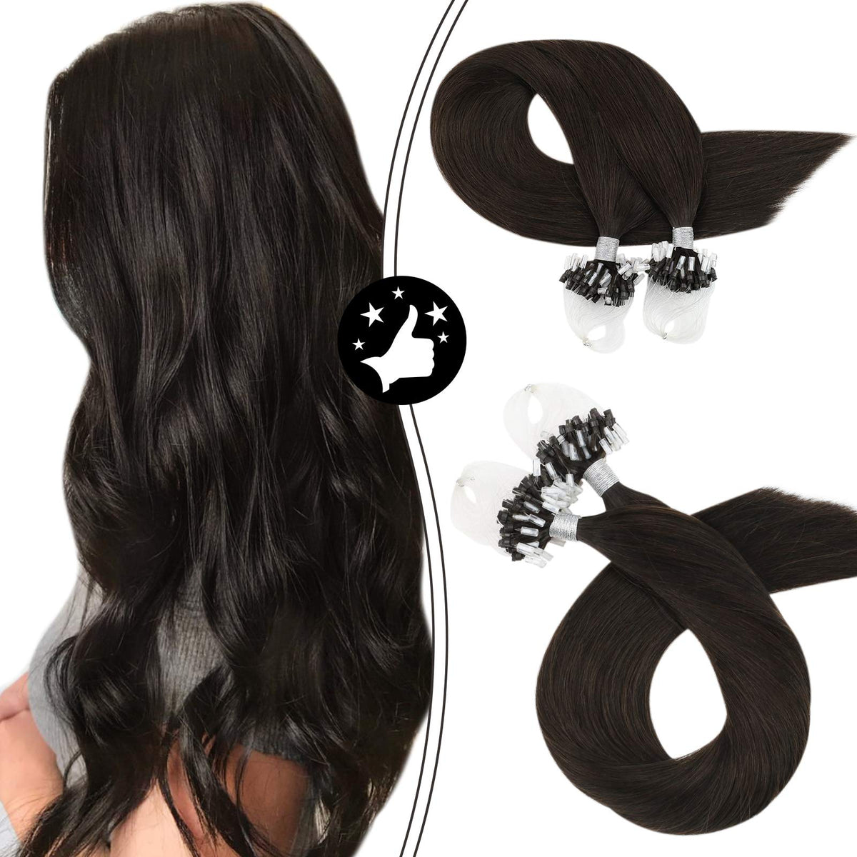 Moresoo 24&quot; Microlink Hair Extensions - Real Human Hair, Darkest Brown, Micro Ring #2, 50g