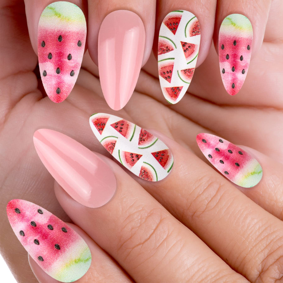 Vivid Tella 24Pcs Watermelon Stiletto Nails - Pre-Glued Acrylic Almond Full Cover Tips