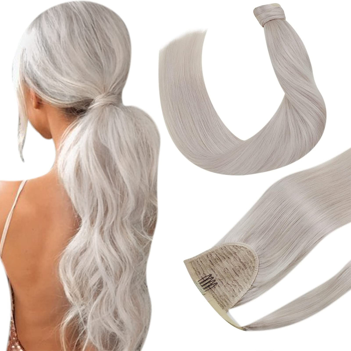 Hetto 18&quot; #60 Platinum Blonde Clip-In Ponytail - Human Hair Wrap Around Extensions 80G