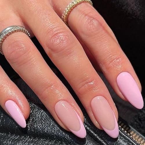 GLAMERMAID Nude Pink French Tip Press on Nails, 24Pcs Medium Almond Stiletto Gel False Nails