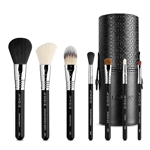 Sigma Beauty Travel Makeup Brush Set – 7 Black Brushes with Premium Synthetic Fibers & Cup