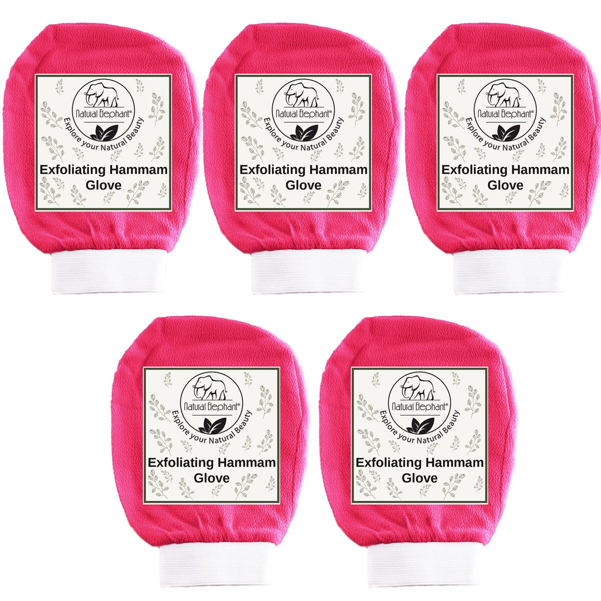 Natural Elephant Pink Tulip Hammam Glove Set Of 5 - Exfoliating Body Scrub Mitts