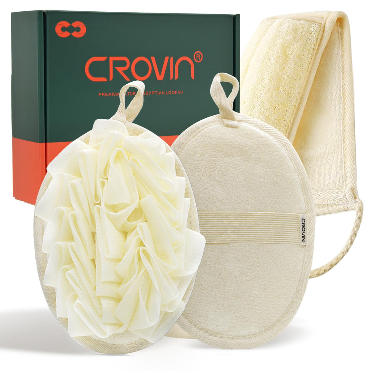 Crovin Mesh Pouf Body Sponge Set - Exfoliating Loofahs & Back Scrubber For Glowing Skin