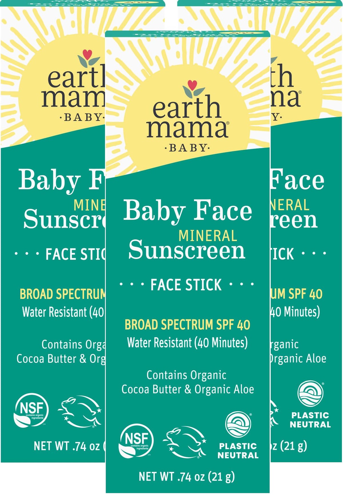 Earth Mama Baby Face Sunscreen Stick Spf 40 | Reef Safe, Non-Nano Zinc, 3-Pack, 0.74 Oz