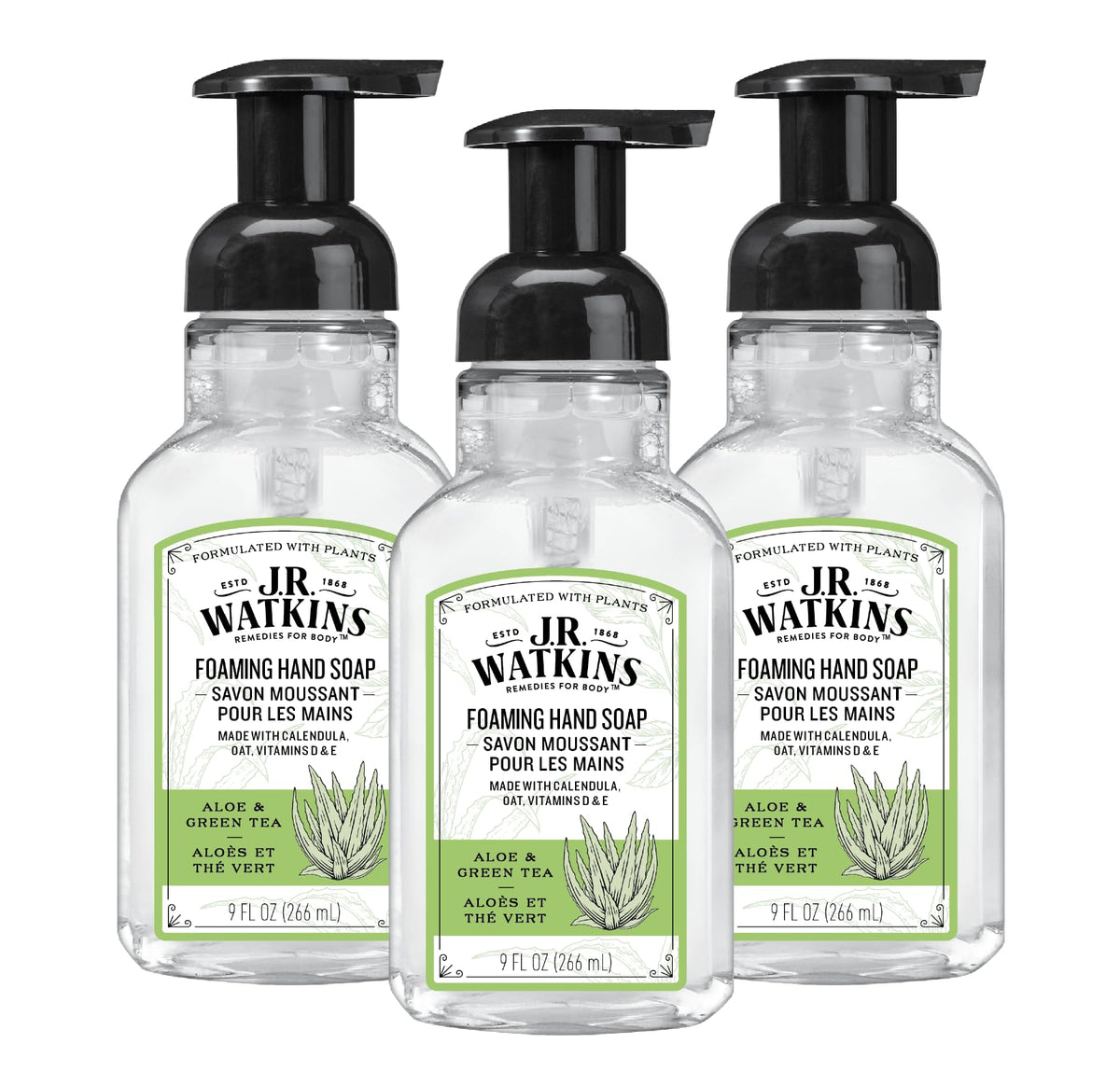 J.R. Watkins Foaming Hand Soap, Aloe & Green Tea, 9 Fl Oz, Moisturizing, 3 Pack, Alcohol