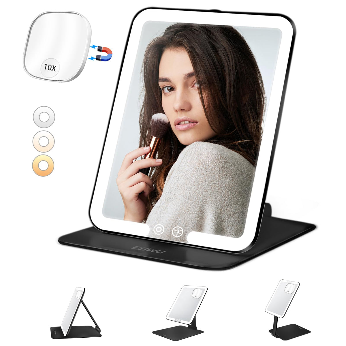 Eswu Travel Makeup Mirror With Light, 10X Magnifying, Portable Black Vanity Mirror