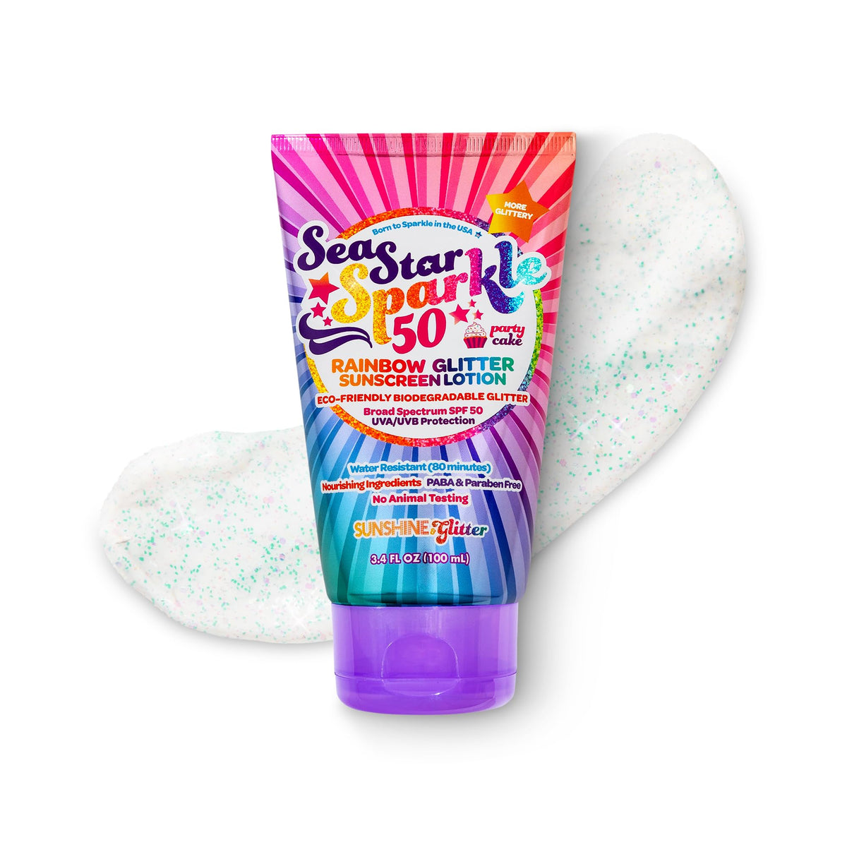 Sunshine & Glitter Seastar Sparkle Rainbow Party Cake Scented Glitter Sunscreen Spf 50 3.4Oz