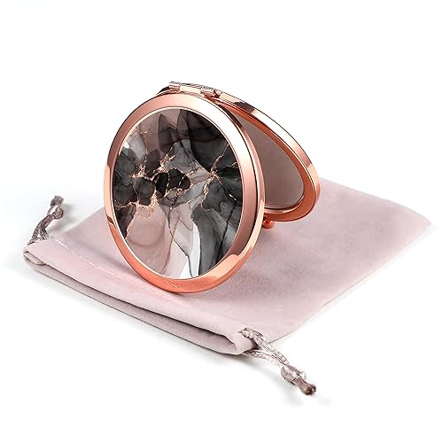 Dynippy Rose Gold Compact Mirror - Double-Sided 2X Magnification, Portable Mini Hand Mirror, Black Pink Marble