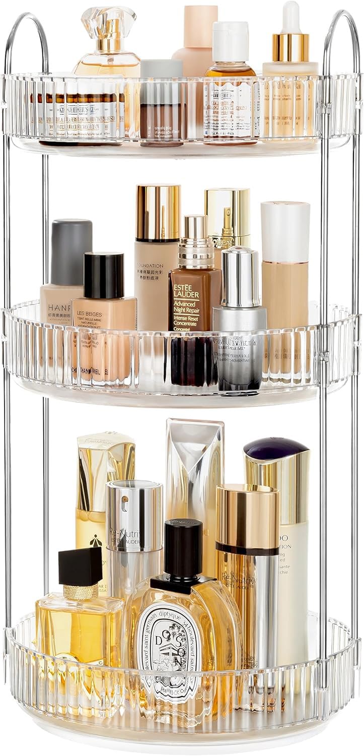 Vorey 360 Rotating Makeup Organizer - Clear 3 Tier Skincare & Perfume Storage With Silver Handle