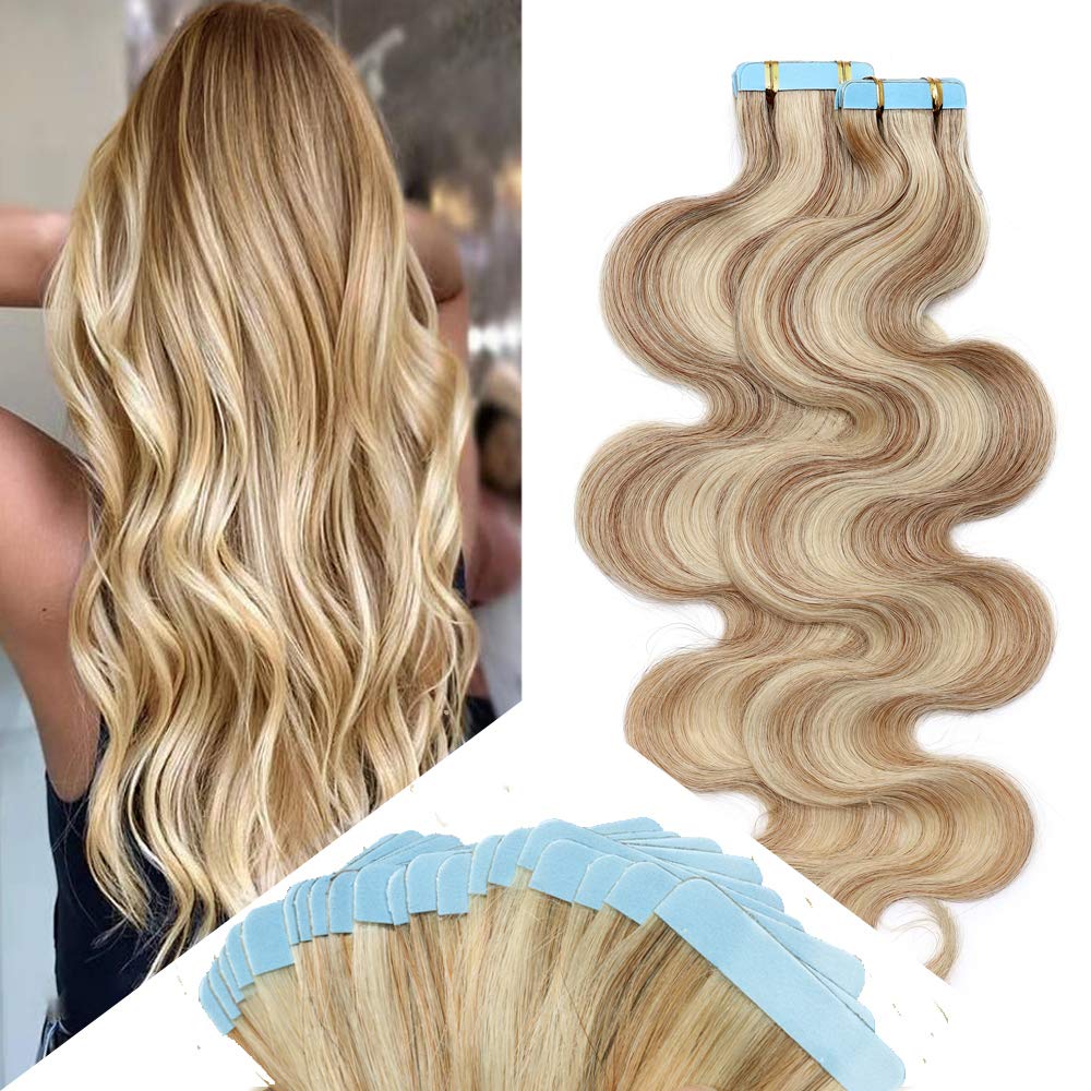 Hairro 14&quot; Tape-In Human Hair Extensions Body Wave 40G, Highlight #12/613, Seamless Weft