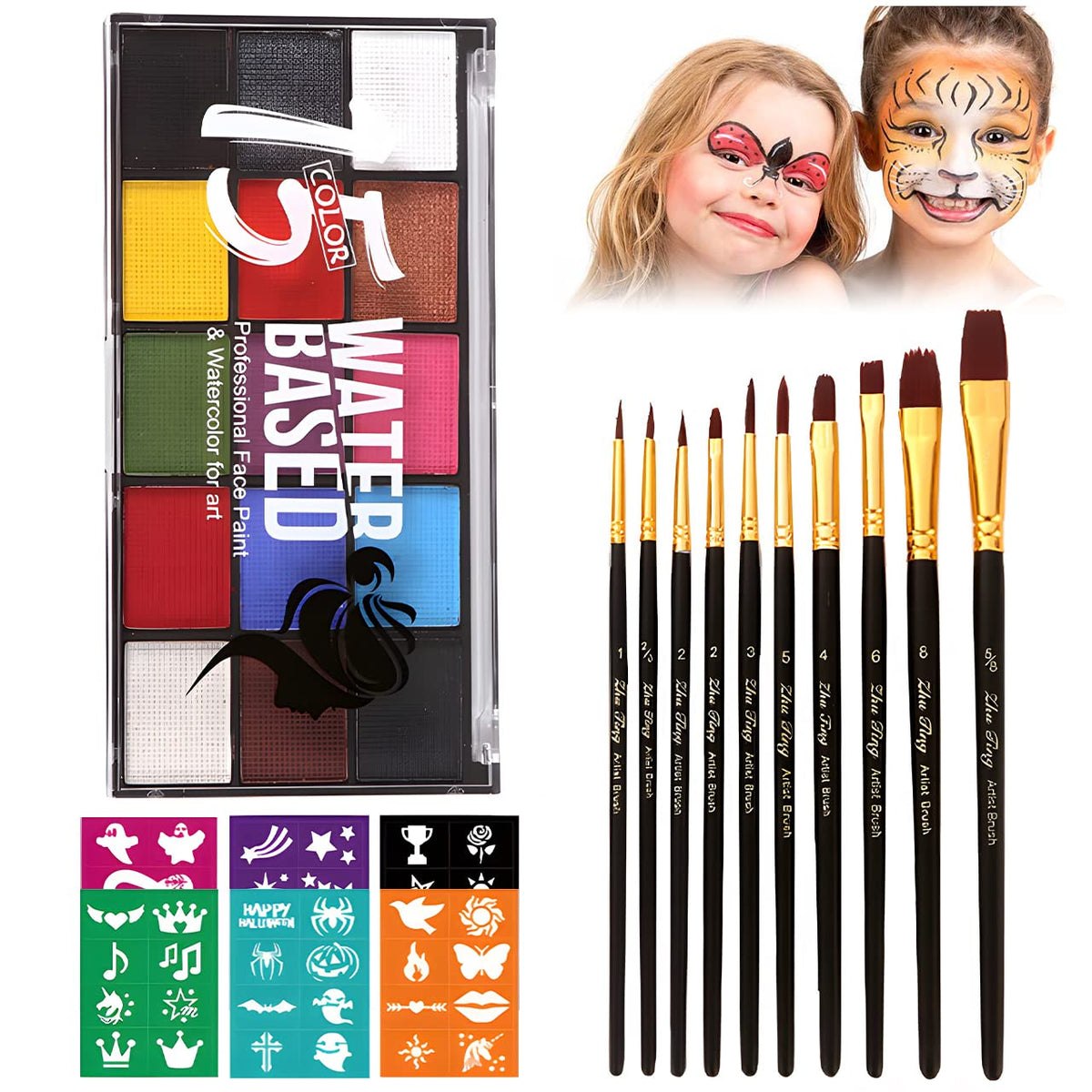 Zentanmei Face Painting Kit - 15 Colors, Non-Toxic Body Paint, Brushes & Stencils For Kids & Adults