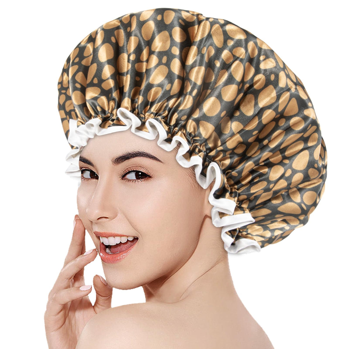 Aquior Leopard Shower Cap For Women - Reusable, Waterproof, Fits Long Thick Hair, 12 In