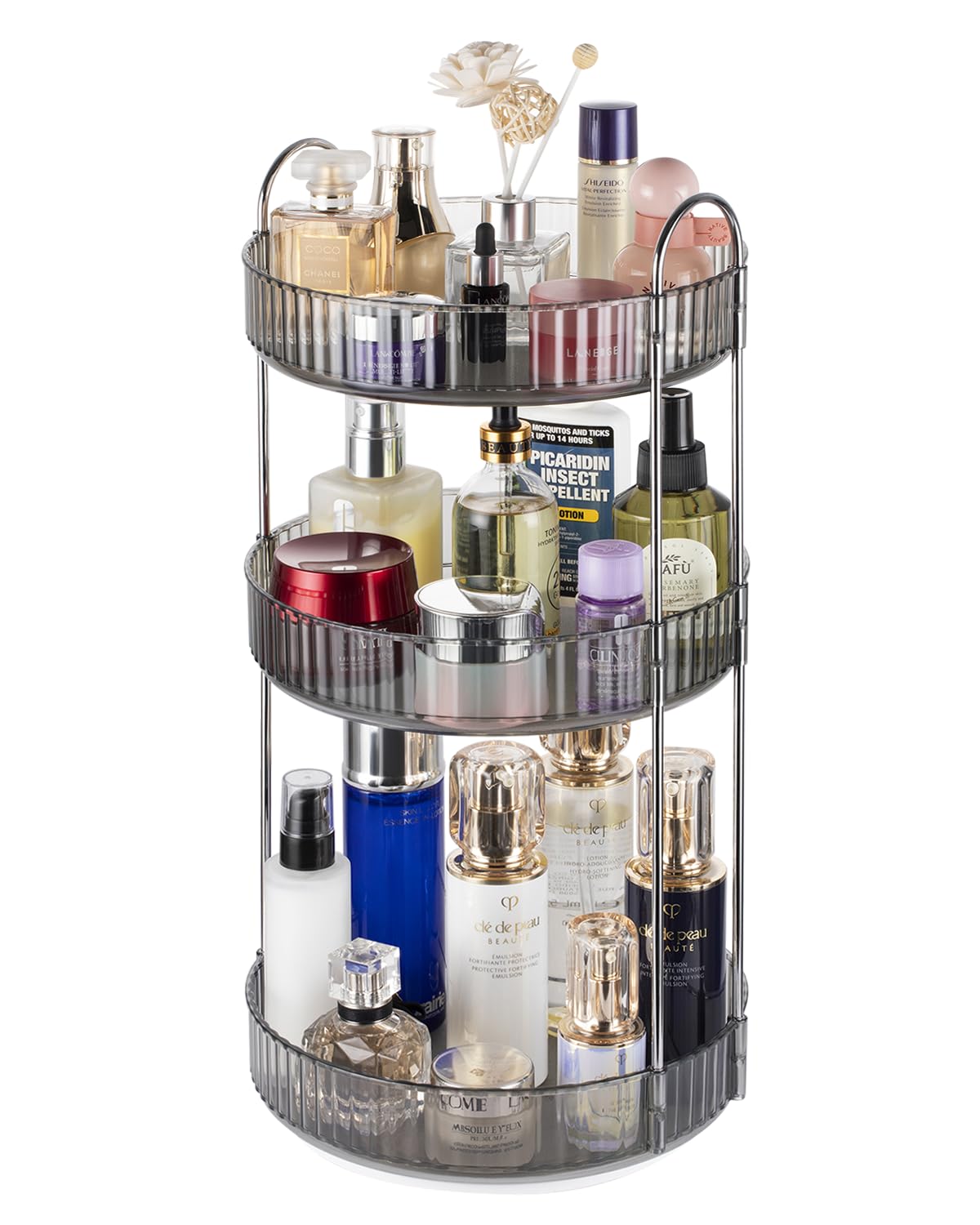 Argox 360° Rotary Makeup Organizer - Smoke Grey, 3-Tier Skincare & Makeup Storage Solution