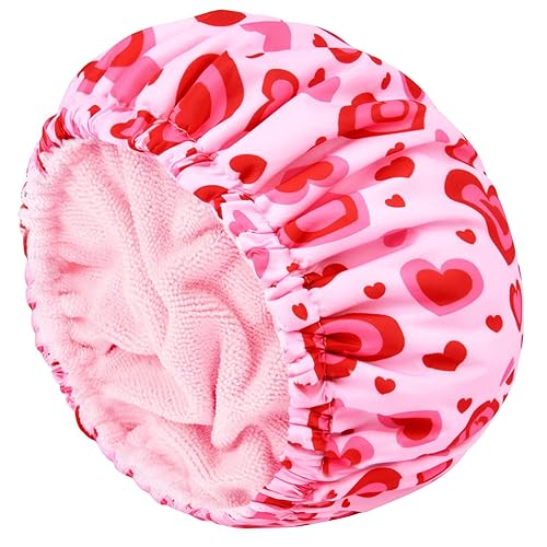 Aileam Large Pink Cute Hearts Shower Cap - Terry Lined Waterproof Hair Cover for Women