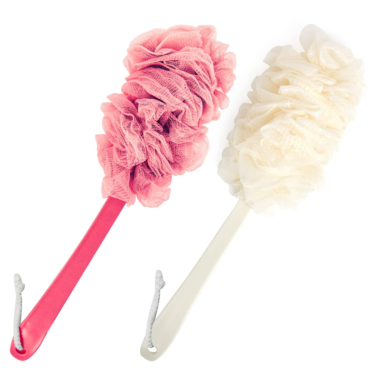 Pipuha 2-Pack Back Scrubber Loofah Sponge With Long Handle - Red & White Body Exfoliating Brush