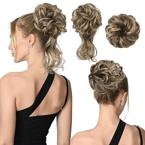 REECHO Light Brown Hair Bun Piece - Classic Tousled Updo Elastic Messy Bun Scrunchies, Medium 2 Pack