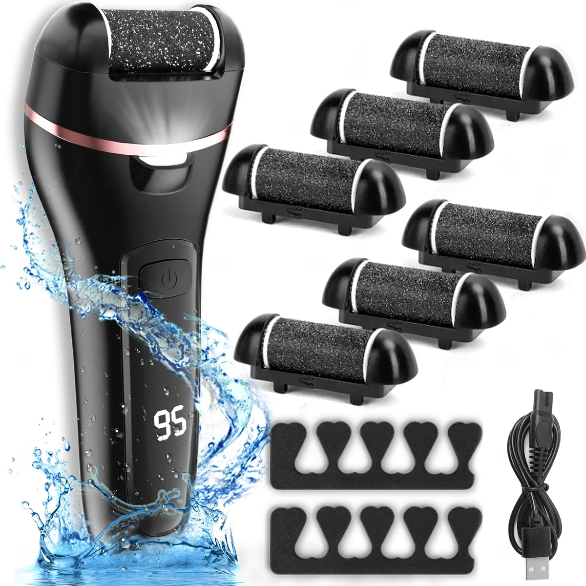 Wea&Hea Rechargeable Electric Callus Remover, 6 Roller Heads, Dual-Speed, Waterproof Foot File