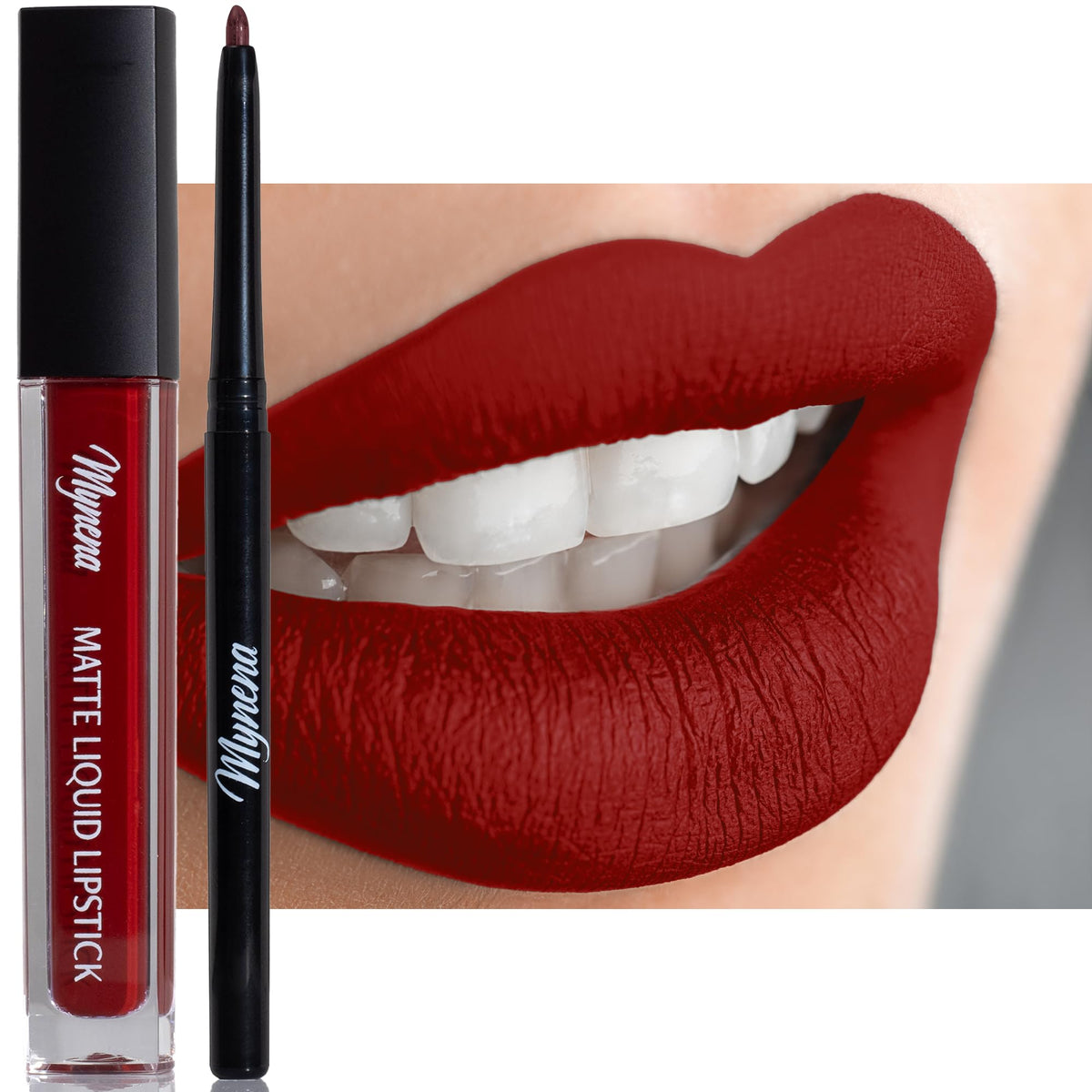 Mynena Red Lipstick & Liner Set | Matte, Waterproof, Long-Lasting, No Smudge, Full Coverage