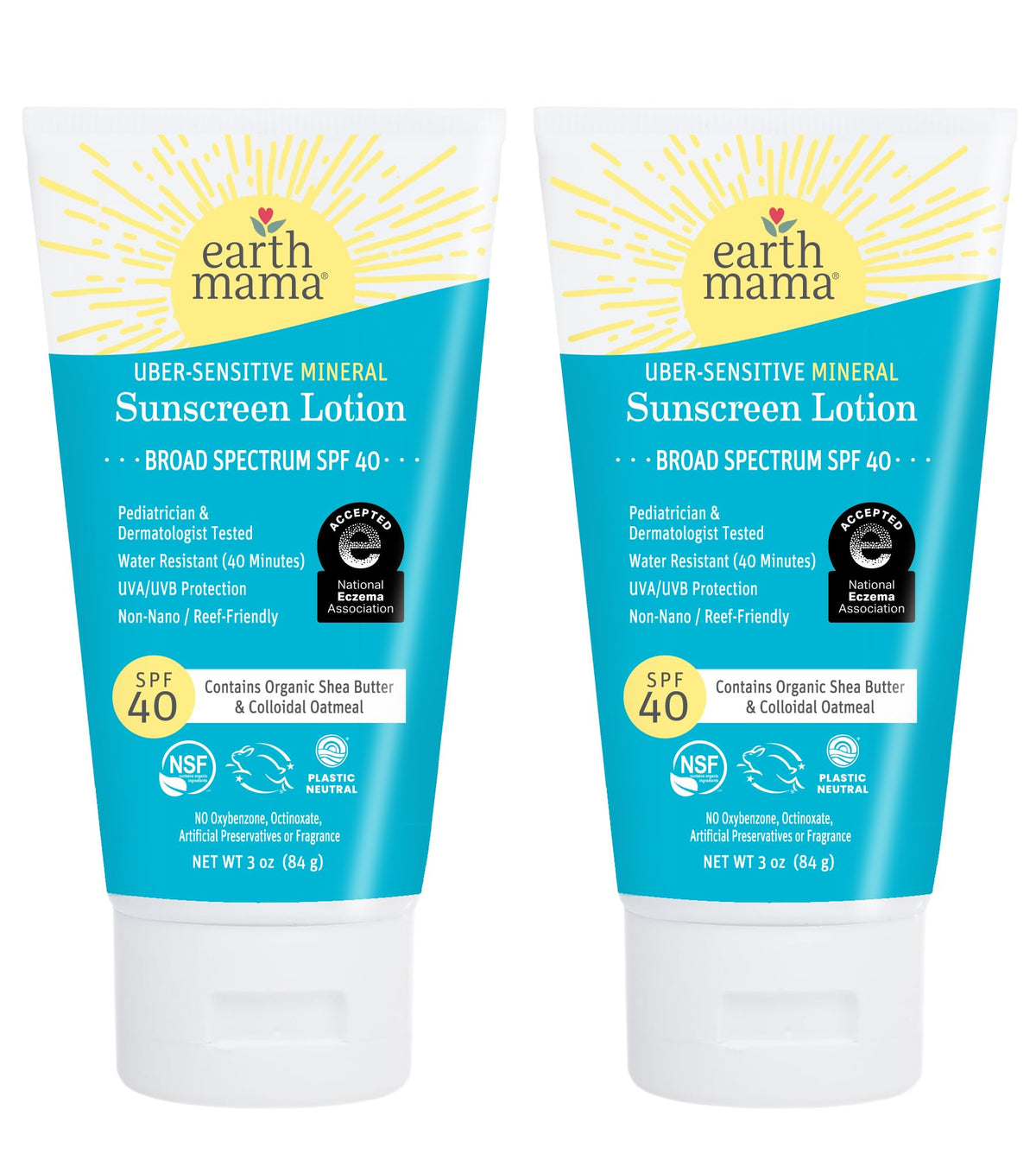 Earth Mama Mineral Sunscreen Lotion Spf 40, Reef Safe, 3Oz, 2-Pack - Eczema Cream For Kids & Family