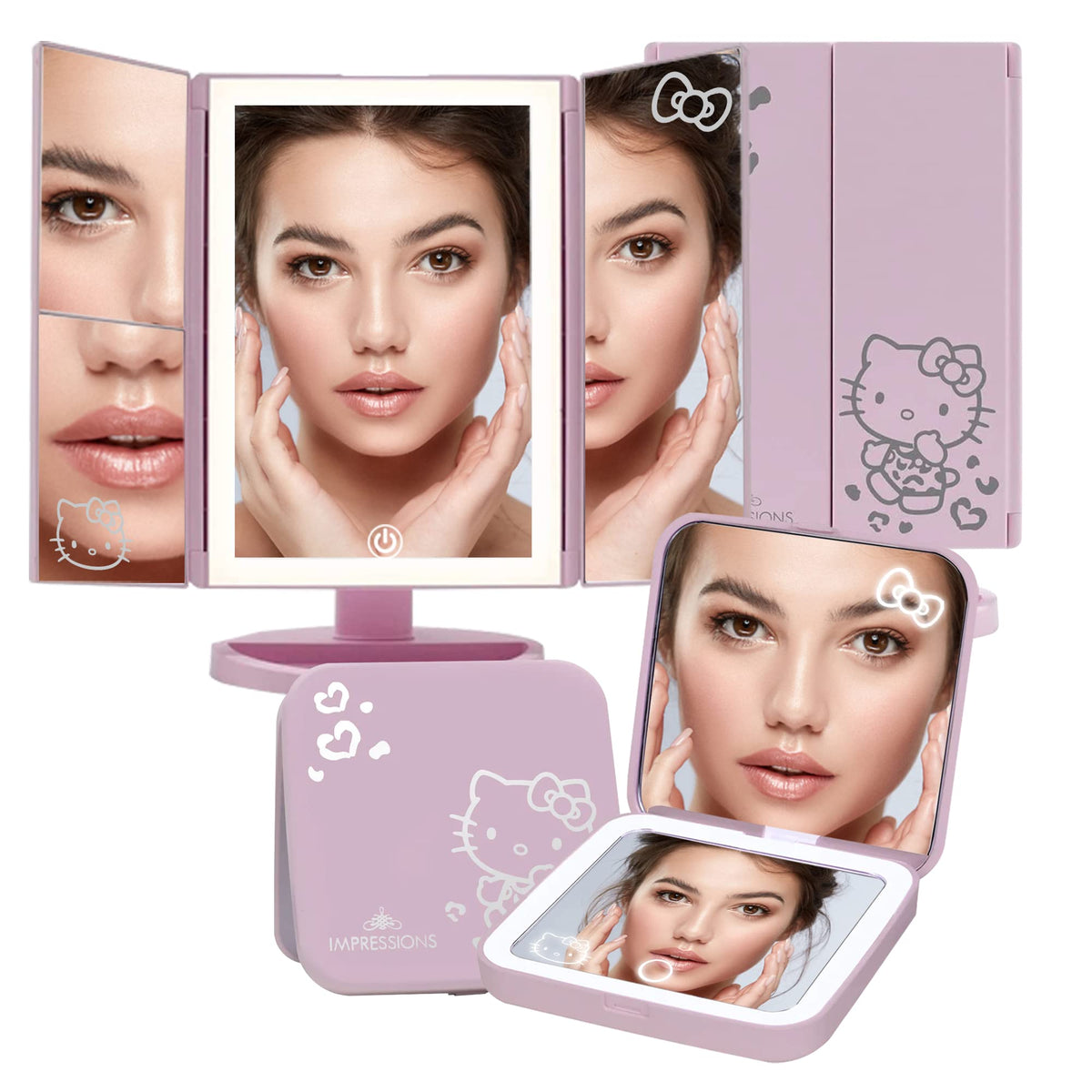 Impressions Vanity Hello Kitty Pink Lighted Makeup Mirrors Bundle - Trifold & Compact, Led, Travel