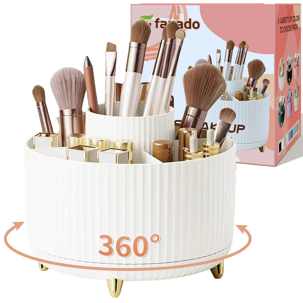 Fanado 360° Rotate Makeup Brush Holder Organizer - White Skincare & Makeup Storage For Vanity