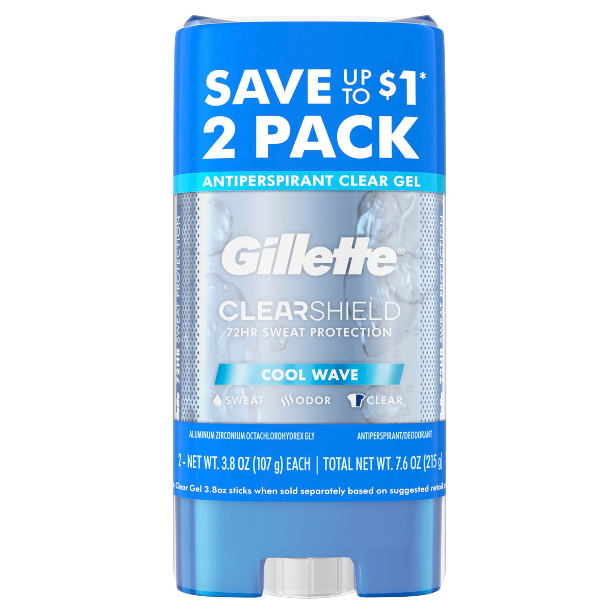 Gillette Antiperspirant Deodorant For Men, Clear Gel, Cool Wave, 3.8 Oz, Twin Pack