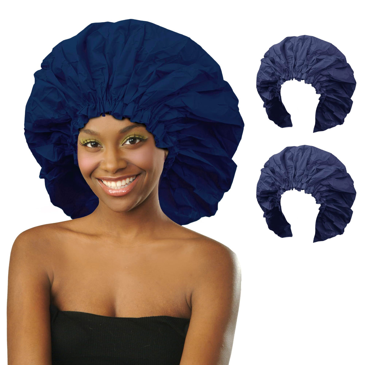 Donna Waterproof Super Jumbo Shower Cap - 2Pc Reusable Bonnet For Women, Navy