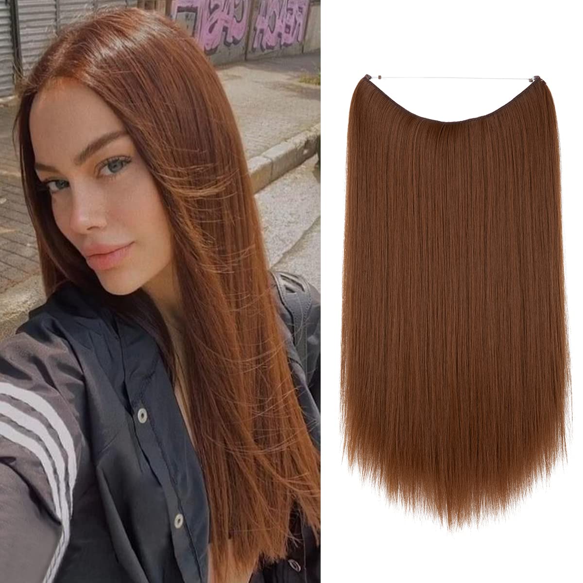 Sarla 22 Inch Light Auburn Invisible Wire Hair Extensions Adjustable Headband Synthetic Hair