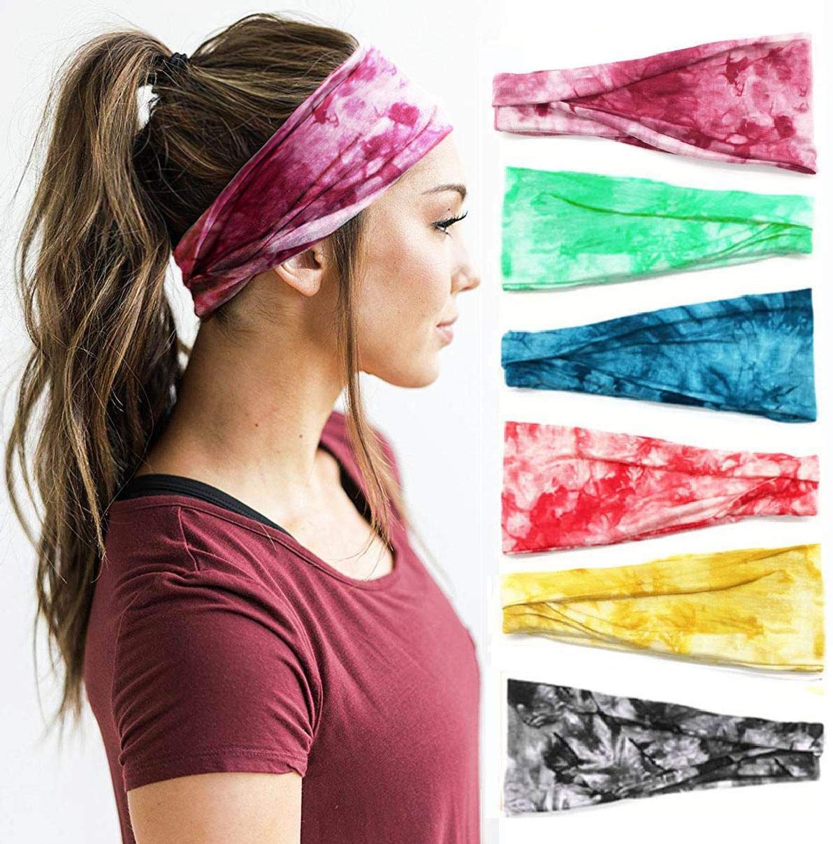 Huachi Women'S Tie Dye Headbands - 6 Pack Cute Elastic Workout Sweatbands For Hair