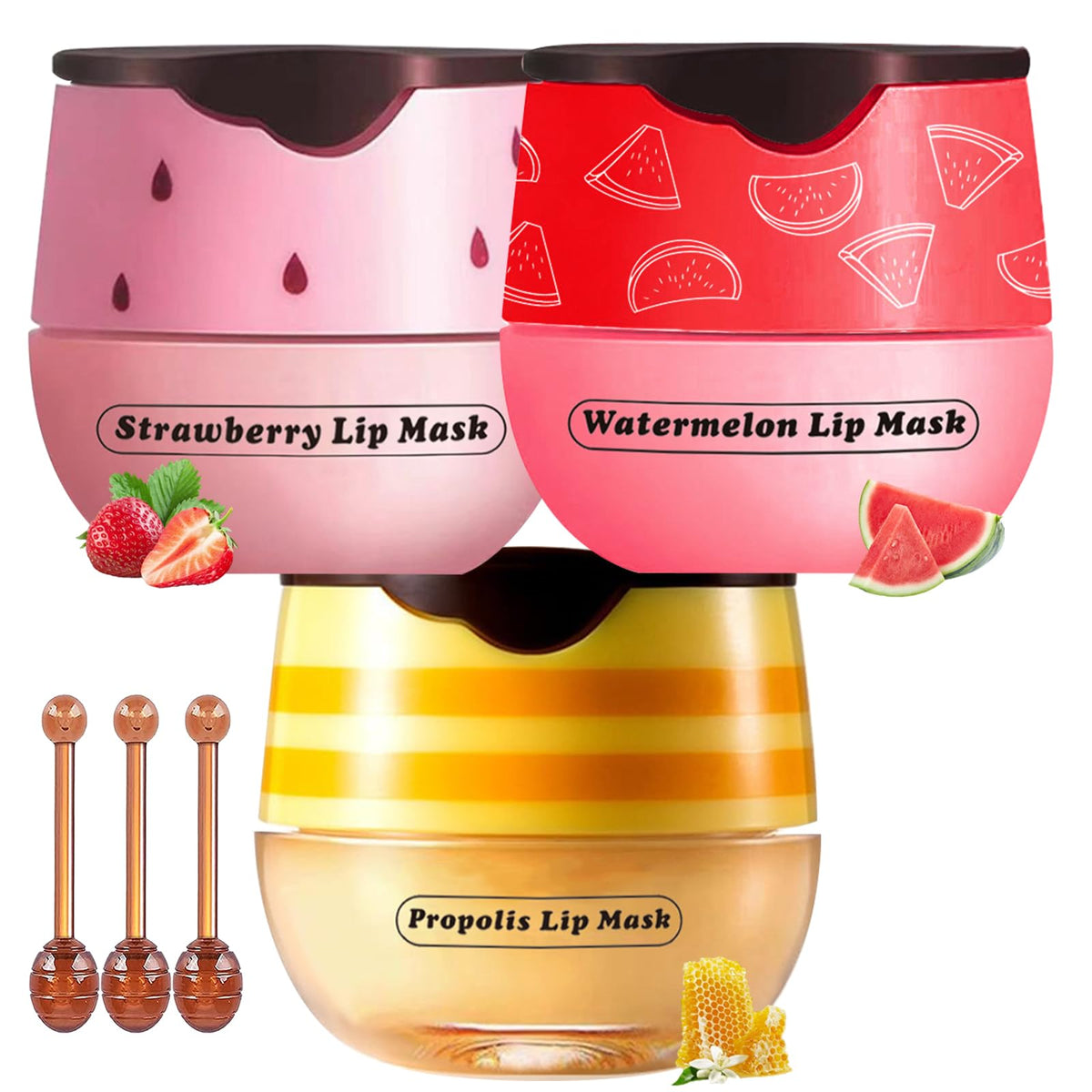 Loobexery Honey Lip Balm Pot - 3 Pcs Hydrating Strawberry & Watermelon Lip Mask Set