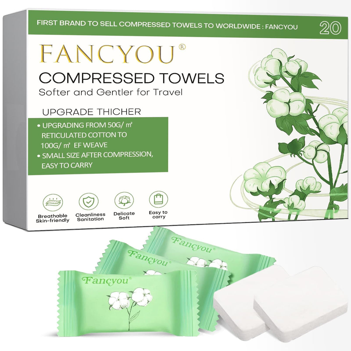 Fancyou Compressed Disposable Face Towels, 20 Cotton Wipes For Travel & Outdoor - Green