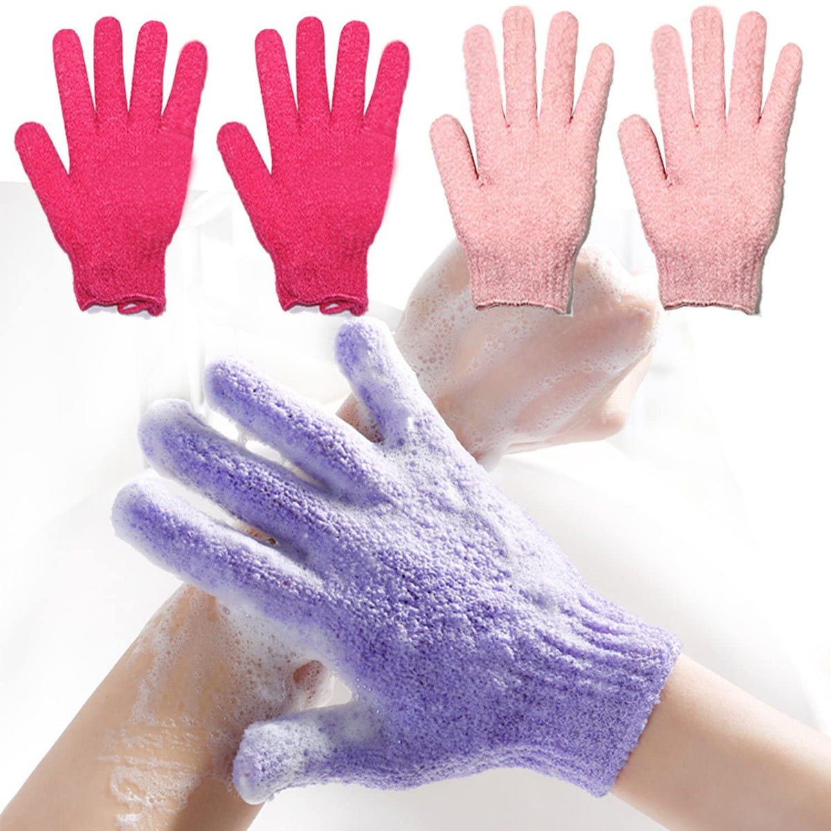 Yeyimei Exfoliating Bath Gloves - 2 Pair Pink & Red Skin Massage Loofah Mitts For Spa Cleansing