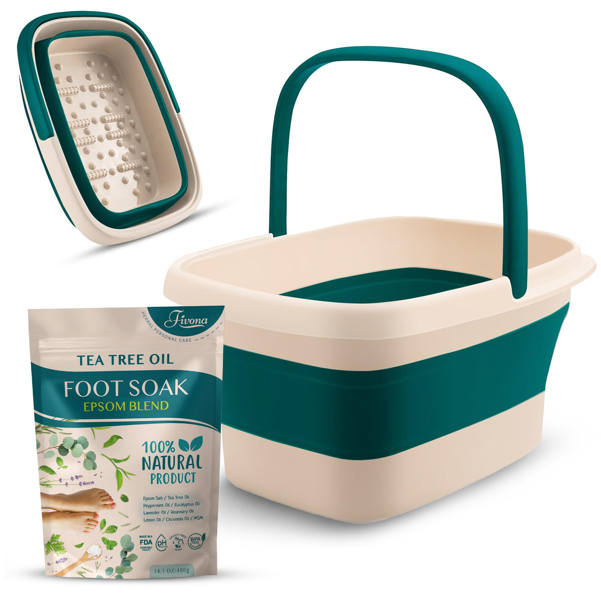 Fivona 2 In 1 Foot Care Kit - Epsom Salt Foot Soak & Collapsible Basin For Tired Feet