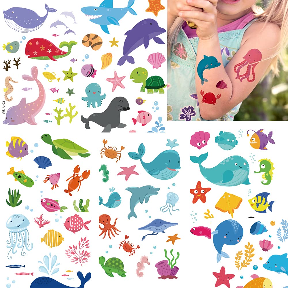 Felico Temporary Tattoos For Kids, 160 Waterproof Stickers, Ocean Theme, Party Favor, 10 Sheets