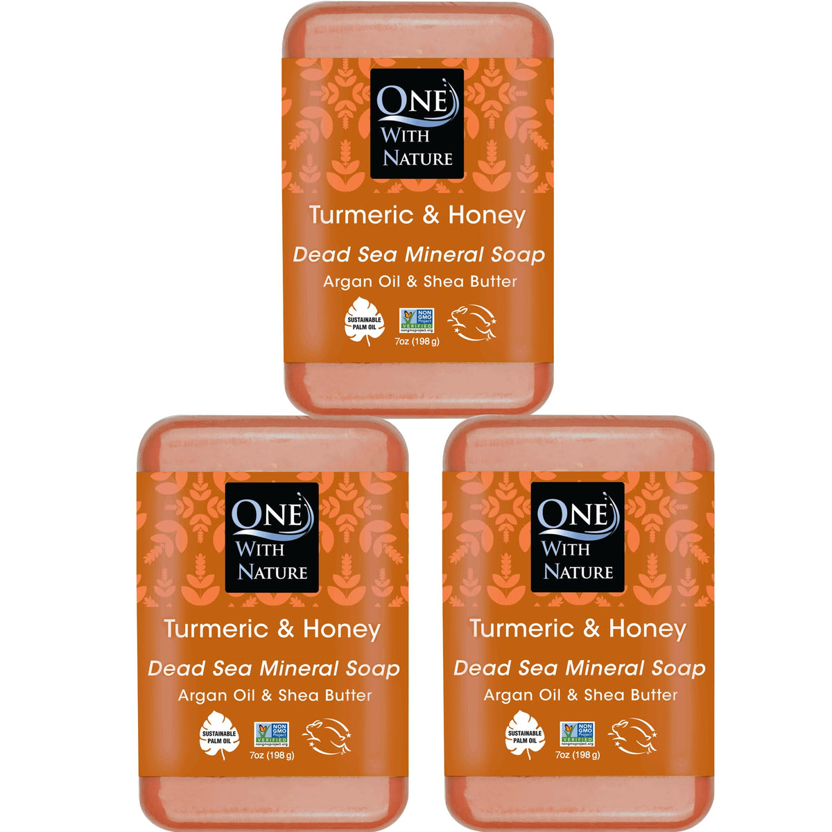 One With Nature Honey & Turmeric Soap Bar 7Oz - 3Pk, Argan Oil, Shea Butter, All Skin Types