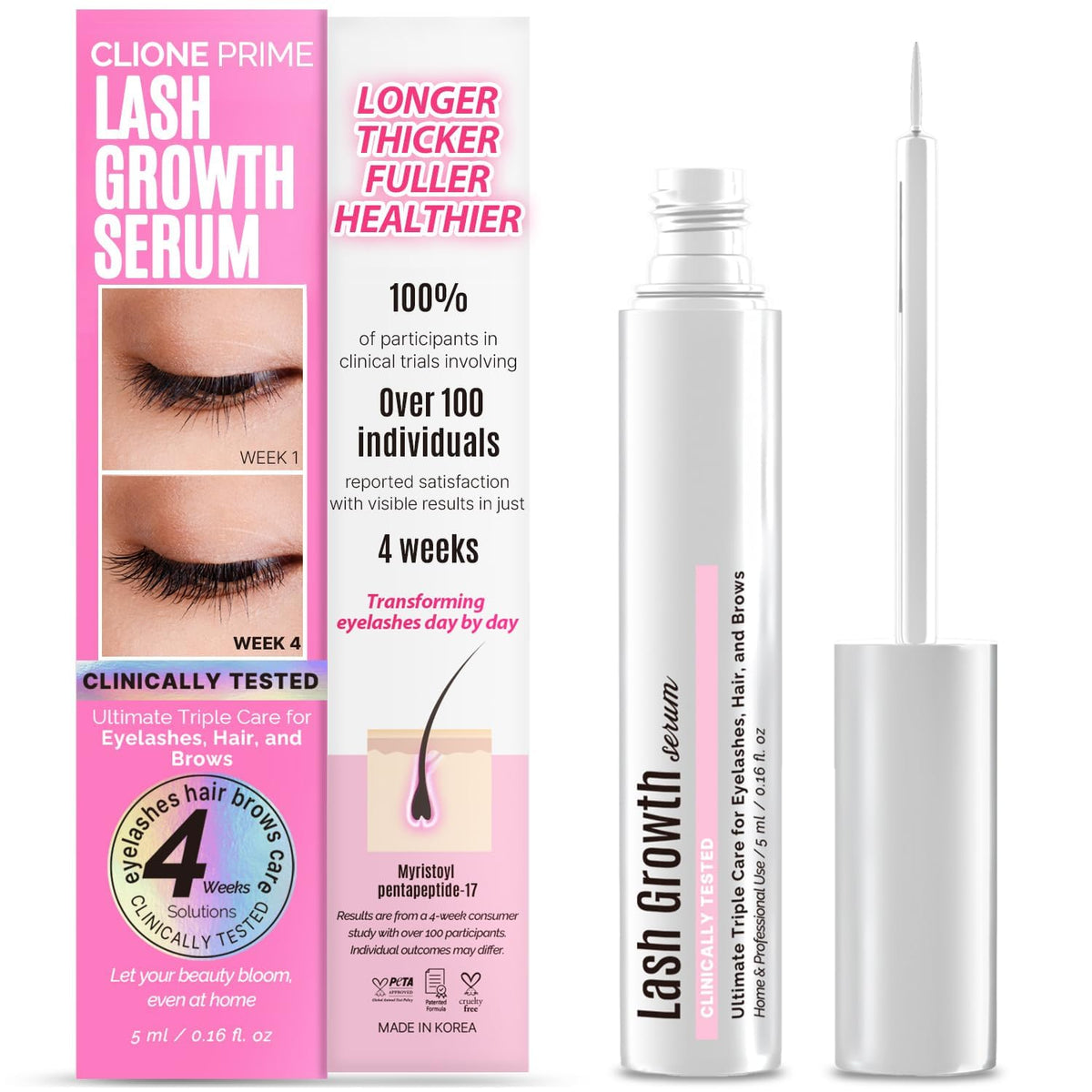 Clione Prime Eyelash Serum - Korean Lash Growth & Eyebrow Enhancer, 0.17 Fl Oz