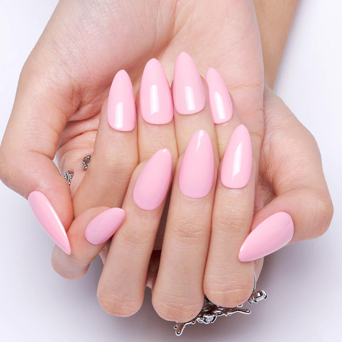 GLAMERMAID Nude Pink Press on Nails, Medium Almond, 24Pcs Short Stiletto Reusable Acrylic Kit