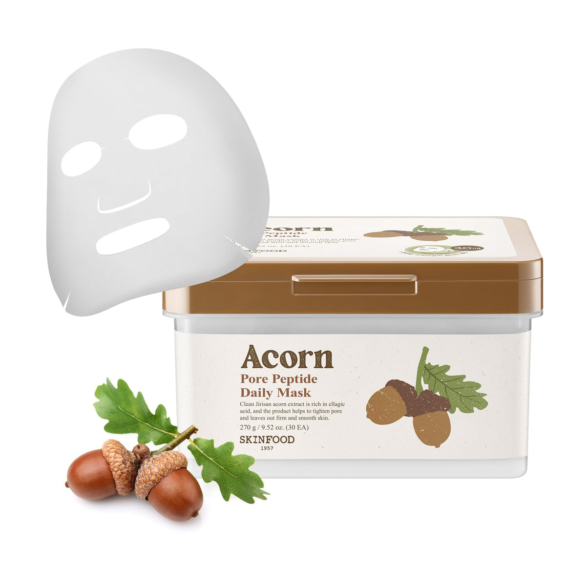 Skinfood Acorn Pore Peptide Sheet Mask, 30 Count - Tightens Pores & Improves Skin Texture