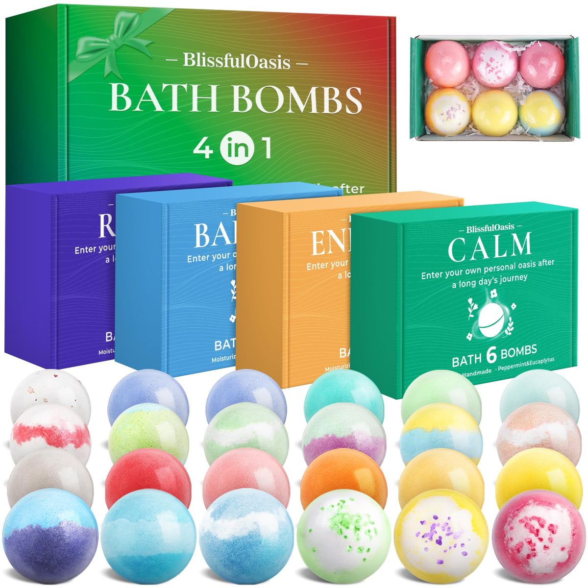 Blissfuloasis Bath Bombs Set, 24 Pcs With 6 Scents For Relaxation & Moisturizing Gifts