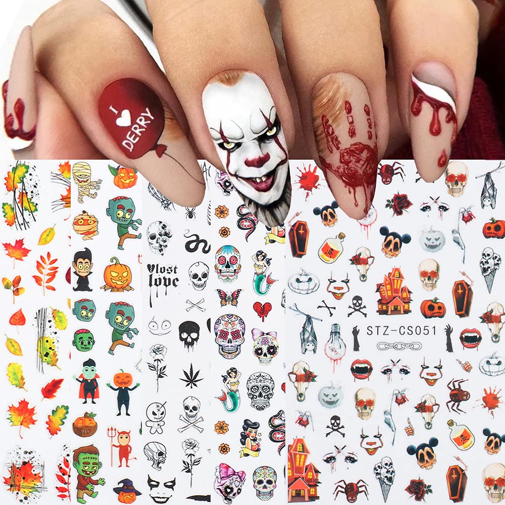 Qdsuh Autumn Halloween Nail Stickers, 9 Sheets 3D Skull & Ghost Decals For Party Decor