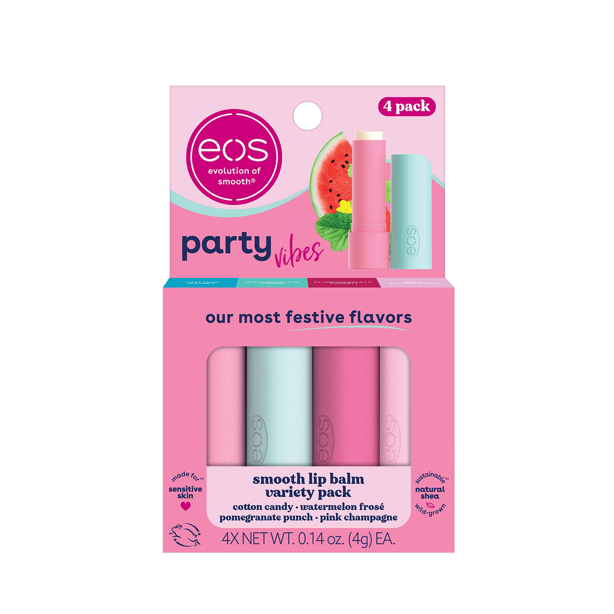 Eos Party Vibes Lip Balm Variety Pack - Cotton Candy, Watermelon Frosé, 4-Pack, 0.14 Oz