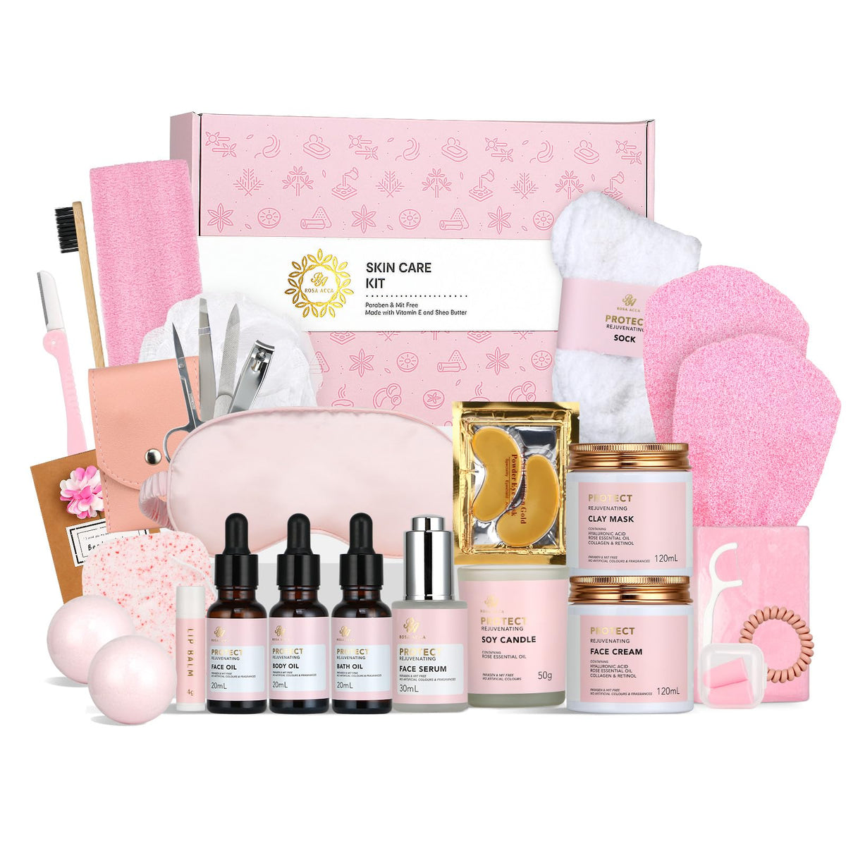 Ra Rosa Acca 28Pcs Rose Facial Skin Care Set - Spa Gifts For Women, Bath Oil & Shower Accessories