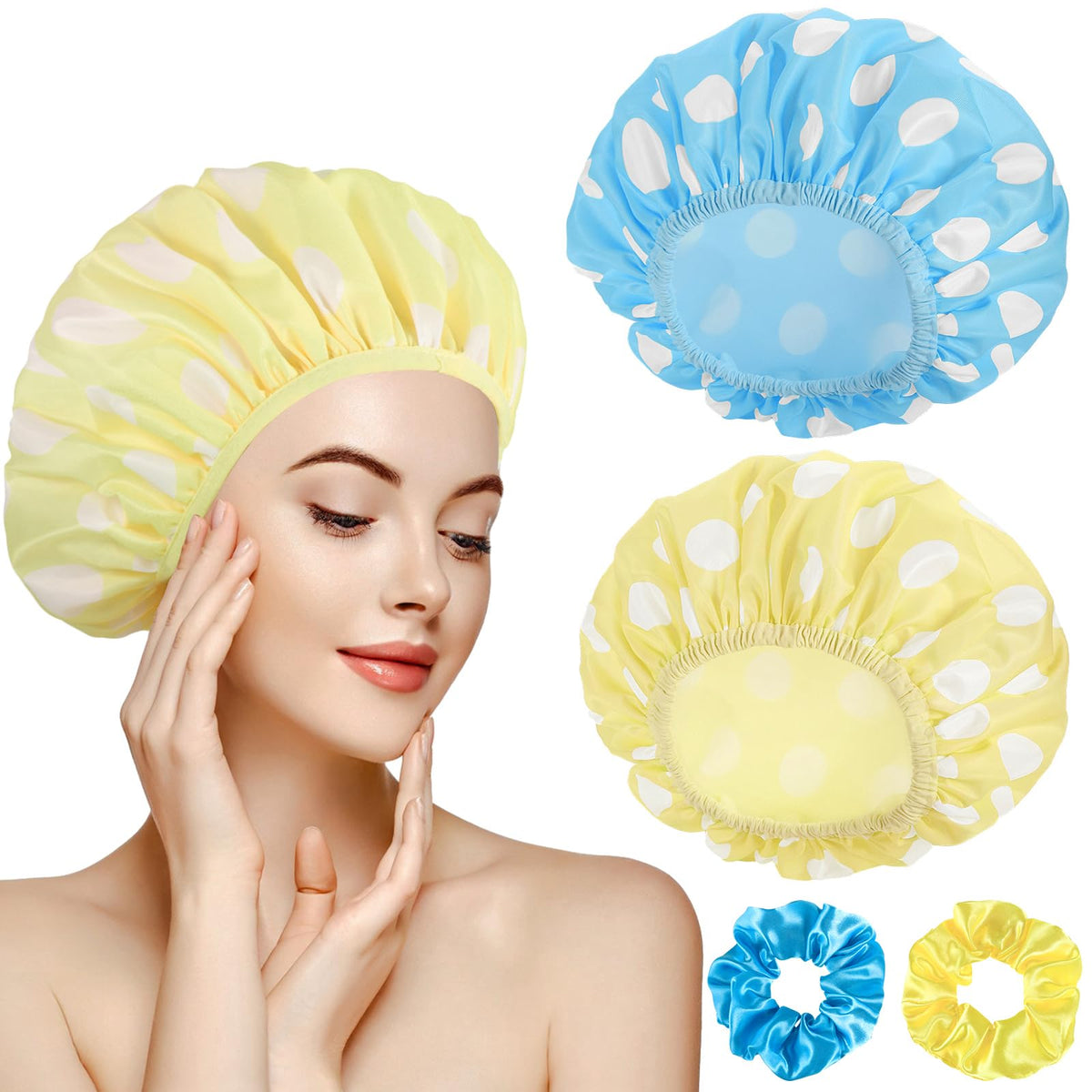 Wsicse 2 Sets Large Waterproof Shower Caps For Women - Double Layer Bath Caps For Long Hair (Blue/Yellow)