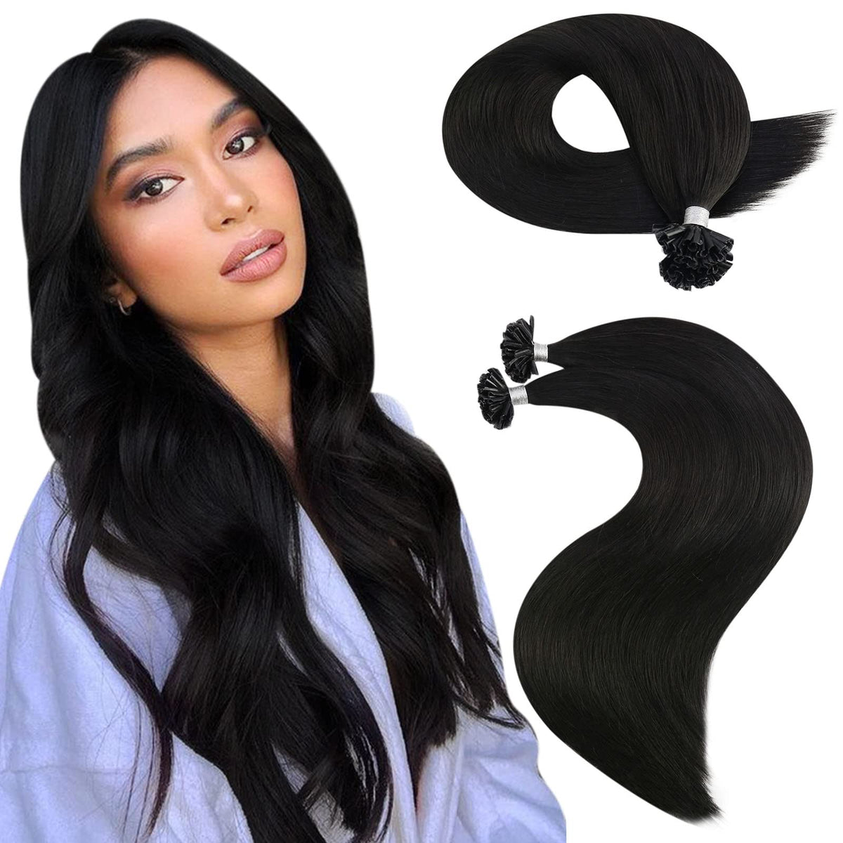 Moresoo 22&quot; U Tip Hair Extensions #1B Off Black Human Hair Keratin Bonded 50G Fusion